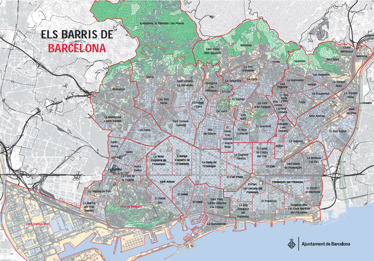 Karte und plan die 10 bezirke (distritos) und stadtteile von Barcelona